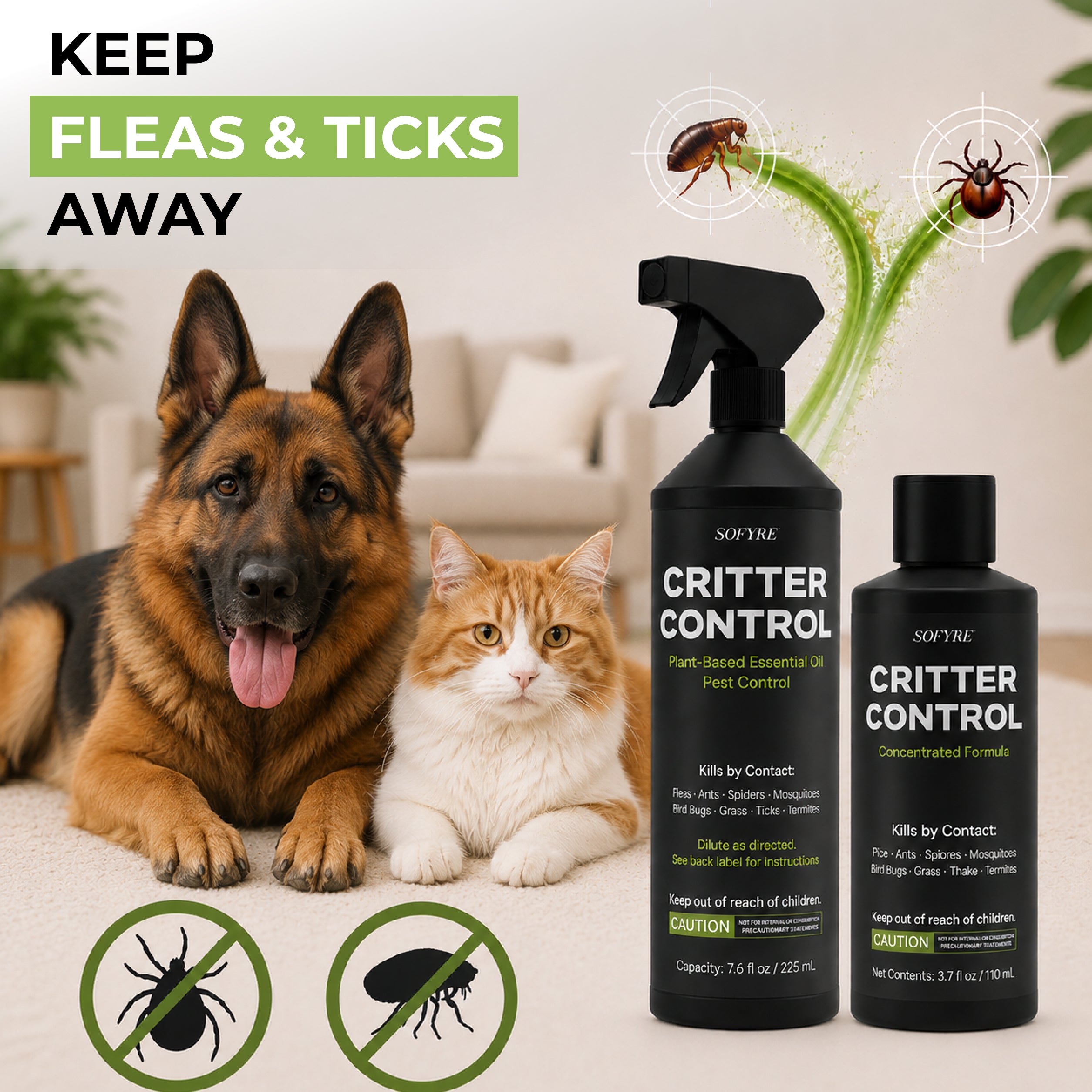 Critter Control Spray - Flea & Tick Protection for Dogs & Cats - SoFyre