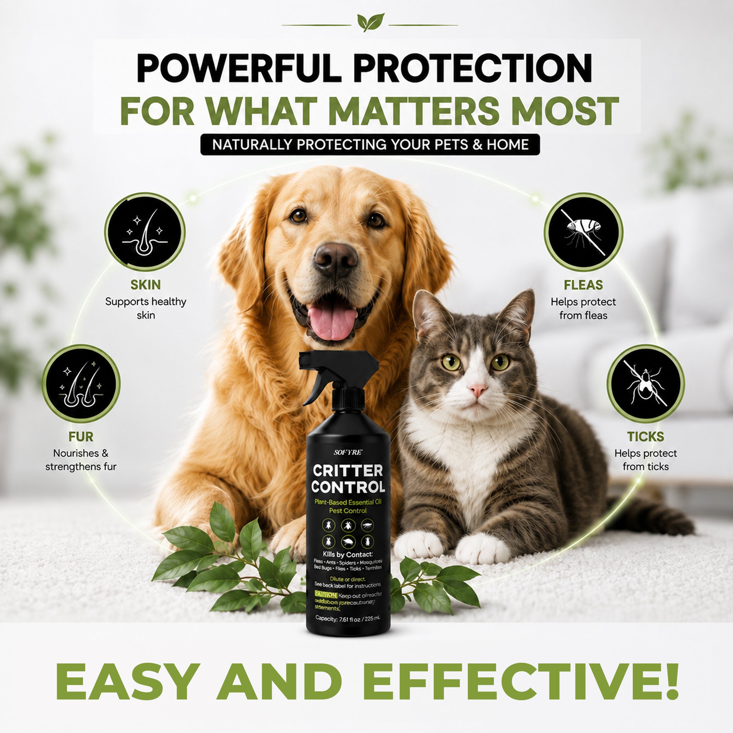Critter Control Spray - Flea & Tick Protection for Dogs & Cats - SoFyre